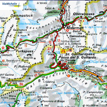 Die alte Tremola-Strecke am Sankt Gotthard-Pass! (Karte von ViaMichelin)